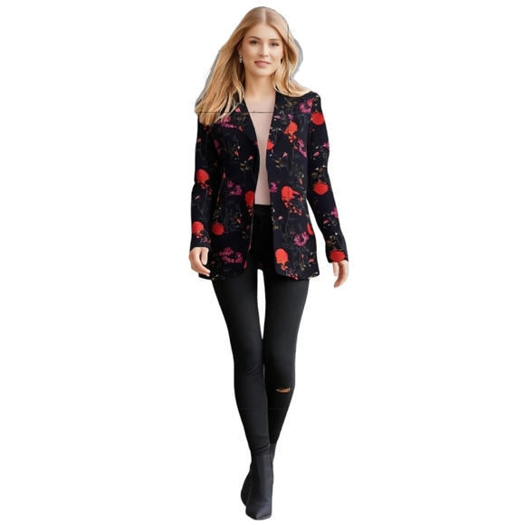 Cynthia Rowley Vintage Blazer Floral Black / Red - Picture 12 of 14